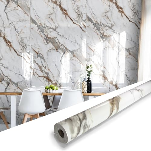 sunwings Pannello da parete impermeabile staccabile e adesivo effetto marmo, 299,7 x 119,4 cm, finitura lucida oro Calacatta, piastrella autoadesiva per rivestimento in vinile per cucina bagno