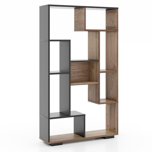 SFAREST 11-Cube Geometric Bookshelf, Wooden Bookcase Display Shelving Unit with 2 Anti-toppling Kits, Freestanding Storage Rack Open Cupboard for Living Room Bedroom Home Office (Black+Natural)