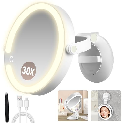 MOMOKUBA Magnifying Mirror with Light 30X, LED Bathroom Mirrors with 3 Lighting Modes, Rotation Wall Mounted Makeup Mirror, Rechargeable with Lights and Suction Cup, for Home, Bathroom, Travel