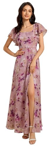 Ever-Pretty Vestido de Noche Flores Largo Volantes Cuello Cuadrado Verano Fiesta con Aberturas Flores Morado 44