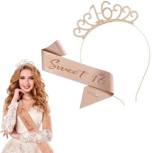 KOQAIIZ 16 Ans Femme Couronne 16 Ans Anniversaire Echarpe 16 Ans Diadème Tiare de Couronne 16 Ans Écharpe Happy 16th Birthday Décoration Ensemble d'anniversaire 16 Femmes