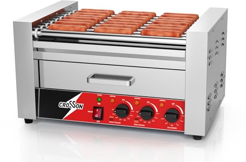 CROSSON Hot Dog Roller 9 Rollers 24 Hot Dogs,1750W Hot Dog Grill Cooker Machine with Bun Warmer,Three Temp Control Commercial 9 Nonstick 304 Roller