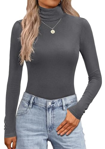Zeagoo Maglia a maniche lunghe da donna con collo alto pullover elegante basic top slim fit canottiera a coste elasticizzata rolli pullover tinta unita top casual XS-XXL, grigio scuro, XS