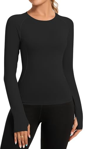 Rapbin Womens Gym Tops Long Sleeve Sports T-Shirt Workout Running Yoga Shirts Athletic Exercise Quick Dry Breathable Activewear with Thumb Holes Black XS