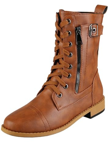 Bottes pour femme - Bottines à tige courte plates à lacets avec fermeture éclair latérale - Grandes tailles - Bottes en cuir - Couleur unie - Talon bloc - Bottes mi-hautes antidérapantes bottes