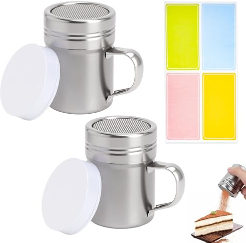 Puderzuckerstreuer 2 Stück Edelstahl, Mehlstreuer mit Deckel und Griff für gleichmäßiges Bestäuben, Kakaostreuer für Cappuccino, Staubzuckerstreuer als Puderzuckersieb & Dekorierstreuer für Küche