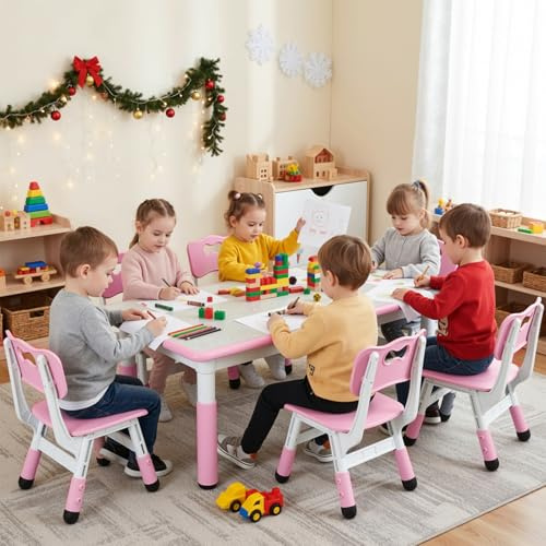 MAMIZO Kids Table with 6 Chairs, Adjustable Height Children's Table Chairs | Pink, Plastic Children's Furniture for Drawing, Reading, Playing, Nursery and Home, Kid Table Set for Boys Girls from 2 Years
