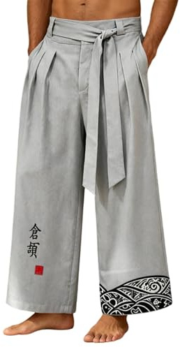 Générique Pantalon Homme Long et Court en Lin Style Japonais Traditionnel Pantalon Large Sarouel Hakama Harajuku Streetwear Taille