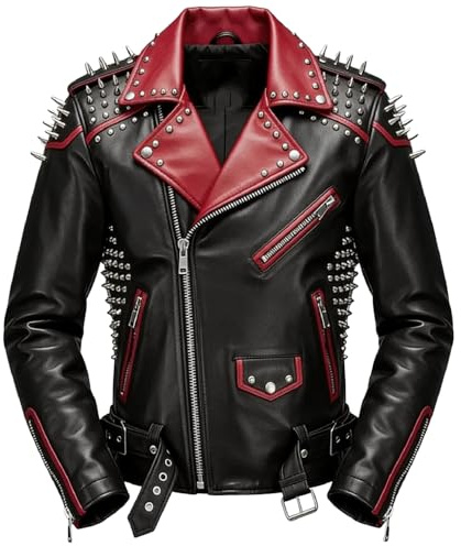 MAXATTIRE Herr svart och röd dubbad bikerjacka - gotisk smal passform punk rock spikes halloween ytterkläder, Svart & röd – fuskläder, M
