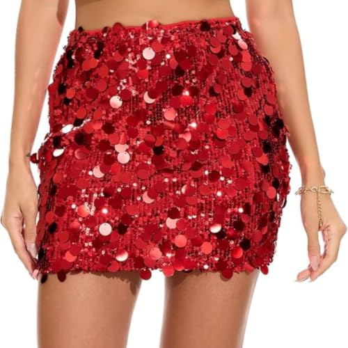 Falafoty Sequin Skirt for Women Stretchy Bodycon Mini Glitter Short Skirt Hip Wrap High Waist Half Dress for Summer Party Club Night Dinner Date Casual Dress