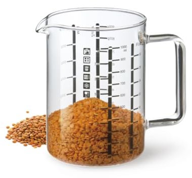Simax Glass Measuring Cup in Grams, Ml, Oz - Borosilicate 32 Oz Liquid Cup for Metric Measurements, Liter, Milliliter, Ounce, Sugar & Flour Grams - No Drip Pour Spout