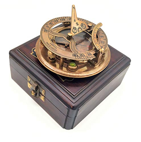 Brass Sundial Compass with Wood Case - Gilbert Sundial Camping/Hiking Steampunk Accessory - Antique Finish - Beautiful -Sundial Clock (Antique Brass Sundial)