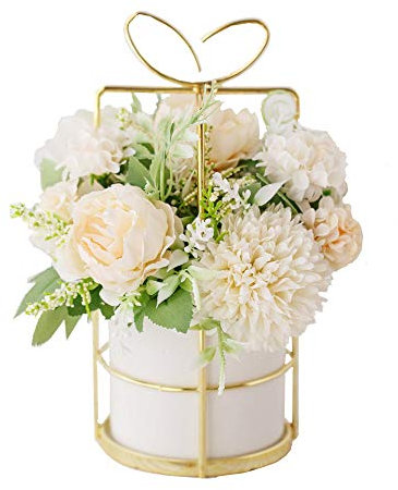 KIRIFLY Fiori artificiali finti in vaso, peonia finta seta, ortensia, centrotavola, decorazione per tavoli di nozze (bianco in oro)