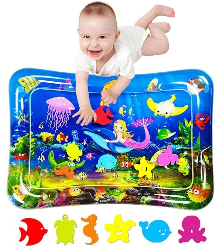 SUNSHINEMALL Vattenlekmatta för Baby, BPA-fri, 66×50CM, Vattenlekmatta för Baby, Sensoriskt Leksaker, Krabbelmatta för Baby, 3 6 9 Månader, Tummy Time Leksaker, Vattenlekmatta (Blå Sjöjungfru)