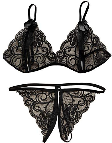 Set di Biancheria Intima da Donna 2 Pezzi di Lettere Completi Intimi Lingerie Sexy Hot per Sesso Aperto Cavallo Slip Pigiama in Pizzo Spalline Regolabile Bra Perizoma