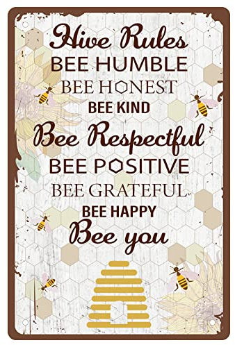 CREATCABIN Cartel Metálico de Hojalata Hive Rules Bee Humble Bee Honest Bee Kind Vintage Inspirational Quotes Decoración de Pared para el Hogar Cocina Baño Granja Jardín Bar Pub Garaje Placa