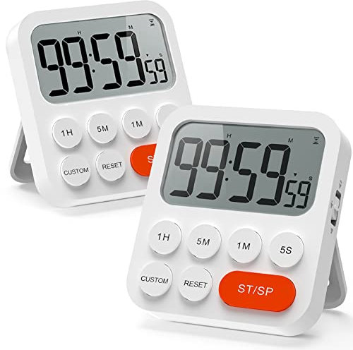 LIORQUE Digitaler Küchentimer Magnetisch Stoppuhr Eieruhr Timer mit Uhr, Magnet, 3-stufiger Lautstärke, LCD Anzeige für Kochen Sport und Studieren (2 Stück, inkl. Batterien)