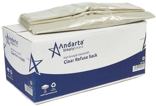Andarta - High Strength Clear Refuse Sack - Bulk Box of 400 (90L Capacity) - Heavy Duty Bin Bags - Holds 15kg of Waste - Clear Recycling Bags - Made from Recycled Materials