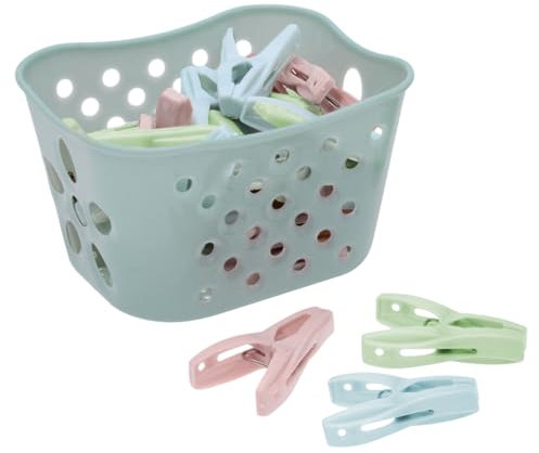 30 mollette, con 1 cesto per mollette, set di mollette per bucato, mollette in plastica, antivento, mollette per bucato, oggetti indispensabili per la casa (blu)