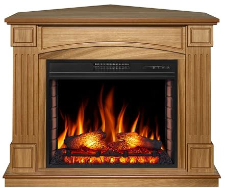 ArtiFlame Elektrische Ecke Kamin mit Heizung BOSTON AF28S LED LICHT EICHE mit Ton, 12 Heizstufen, Timer, echter Flammeneffekt, 3 Helligkeitsstufen, Fernbedienung, Braun