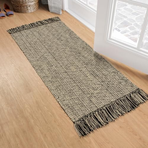 Collive Küchenläufer, handgewebt, wendbar, waschbar, Badezimmerläufer für Eingangsbereich, Natur/Schwarz, Baumwolle, gewebt, Boho, Bauernhaus, Haustür-Teppich für Schlafzimmer, Eingang, Küche, Boden,