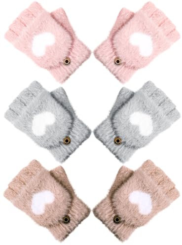 Geyoga 3 Paar Kinder Halbfinger Handschuhe Herzmotiv Fäustlinge mit Knopf Klappe(Khaki, Rosa, Grau,5-10 Jahre)