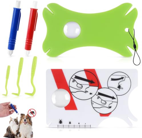 ENUTROF Zeckenkarte Zecken Waagenkarte mit Lupe 7 In 1 Set Zeckenkarte für Menschen Kinder Zeckenentferner für Hund Katze Haustier Mensch