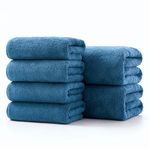 Lumimi Towel Set of 6 Very Soft Microfiber 2 Bath and 4 Hand Towels Quick Dry Light Weight for Bathroom Gym Salon, 6 Pack Blue