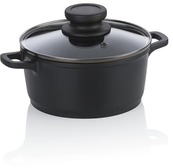kela Pentola per carne 16 cm con coperchio in vetro ATURA, pentola piccola 1 litro, pentola a induzione, alluminio pressofuso con rivestimento ceramico, senza PFAS, nera
