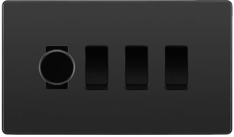 BG Evolve Black Chrome 4 Gang Custom Grid Switch 1x LED Dimmer 3x 2 Way Switch