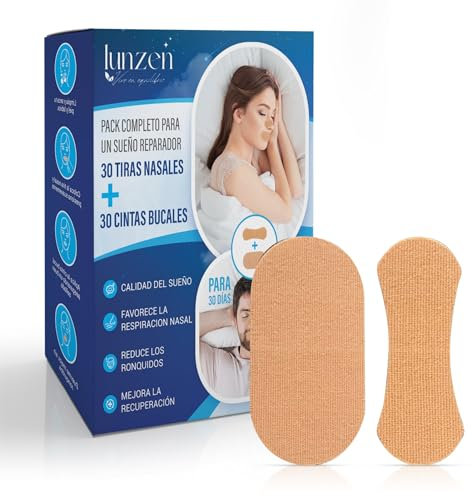 LUNZEN 60u: 30 Mouth tape y 30 Tiras Nasales Antironquidos, Hipoalergénico Tiras Bucales para Dormir Nasal Strips Cinta bucal para dormir Respirar Mejor por la Nariz Sueño Reparador nose strips