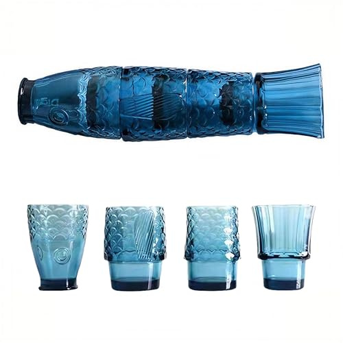 EVIYI Creative - Juego de vasos apilables en forma de pez, 4 piezas, diseño de cristal, capacidad de 210-280 ml (azul)