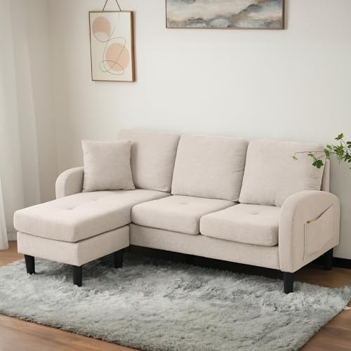 sogesfurniture Canapé d'angle modulaire avec méridienne, coussin, canapé 3 places en forme de L, tissu respirant en coton et lin, pour salon, chambre à coucher, bureau, 166 x 118 x 77 cm