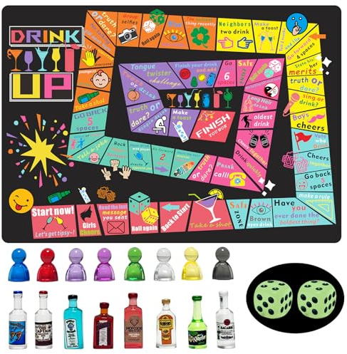 Drinking Game for Adults – Large Rubber Mat Drinking Board Game with Glow Dice, Mini Bottle Game Pieces – Funny Party Game for Game Night,or Any Occasion, 2-8 Players, Age 21+ (Colorful Basic)