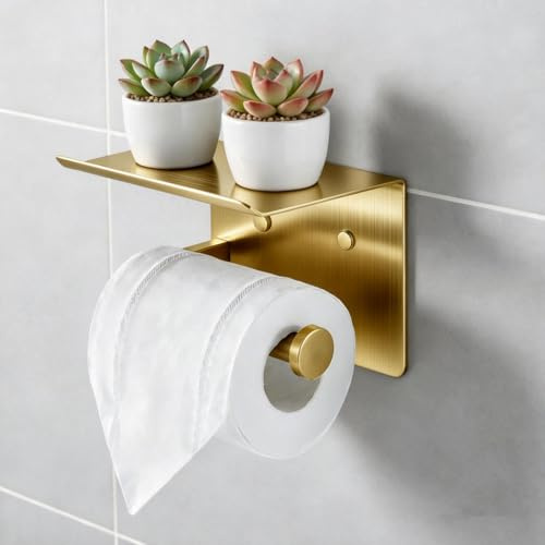 DIYZON Portarrollos De Papel Higiénico con Estante, Accesorios De Baño De Acero Inoxidable Resistente, Autoadhesivo, Sin Taladro, Montaje En Pared (Dorado)