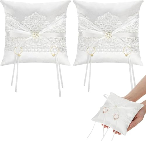 YEAMLTE Cojin de Anillos Boda 2 Piezas Blanco Porta Anillos Boda 15x15cm Cojin Anillos Boda Alianzas con Cinta, Accesorios para Bodas y Aniversarios