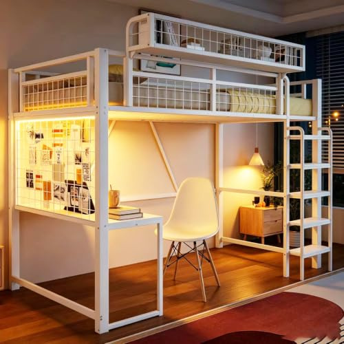 Demivor Lit Mezzanine 90x200 cm, Lit Mezzanine 1 Place en Métal Adolescents avec Bureau, LED, Prise, Panier Amovible, Échelle Sécurisée, Blanc (sans Matelas)