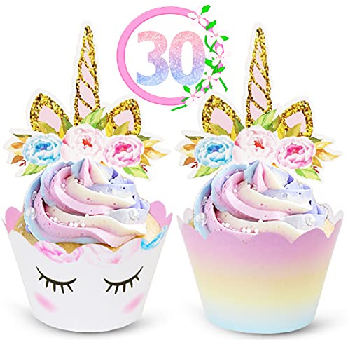 ecoZen Unicorn Cupcake Toppers and Wrappers Decorations, Reversible Rainbow Cupcake Liners with Unicorn Toppers, Cute Decorating Supplies for Girl Birthday Party, 30 of Each