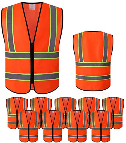 Tekware Safety Vest with High Reflective Strips, Pack of 10 Bright Neon Color Construction Protector with Zipper, Orange, Size L