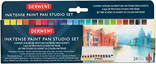 Derwent Inktense 24 Farbtöpfchen, halbe Töpfchengröße, wasserlöslich, ideal zum Malen und Basteln auf Papier und Stoff, professionelle Qualität, Reisegröße (2305545), 1 Stück (1er Pack)