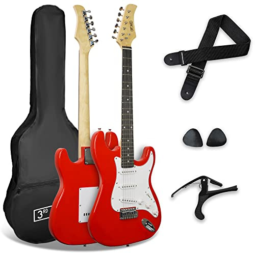 3rd Avenue XF Full Size 4/4 Electric Guitar Starter Beginner Pack with Bag, Strap, Picks and Capo – Red