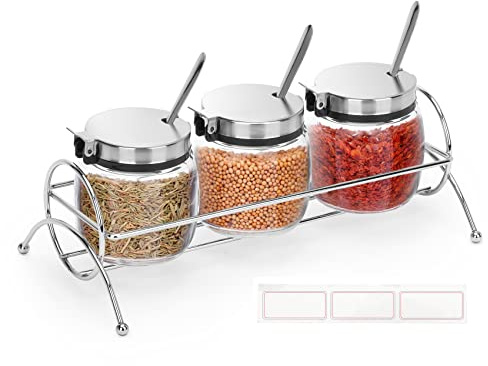 only fire Condiment Jar Spice Container with Lids, Stainless Steel Serving Spoons, Base Rack and Labels - Glass Seasoning Bottles Kitchen Accessories | Set of 3