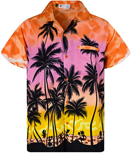 V.H.O. Funky Hawaii-skjorta för män, kortärmad med frontficka och Hawaii-tryck: strand, palmer och olika färger, Beach eklebord orange, L