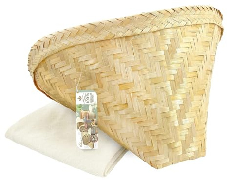 PANWA Large Sticky Rice Cooking Basket Handcrafted Traditional Thai Bamboo Wing Design with 24x24 Inch Cheesecloth Wrap Included