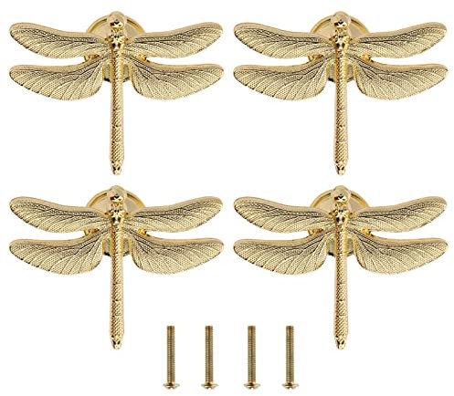 4 STÜCKE Libelle Knöpfe Griffe Einzigartige Libelle Form Dekorative Griffe mit Befestigungsschrauben Möbelbeschläge Zubehör für Schrank Kleiderschrank Schubladen Kommode Gold