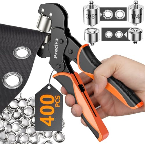 Grommet Tool Kit of 3/8 and 1/4, Preciva 𝐈𝐧𝐭𝐞𝐫𝐜𝐡𝐚𝐧𝐠𝐞𝐚𝐛𝐥𝐞 𝐃𝐨𝐮𝐛𝐥𝐞 𝐇𝐞𝐚𝐝 Handheld Grommet kit with 400pcs Silver Grommets for Advertising Poster, Banner, Ponchos, Cardboard