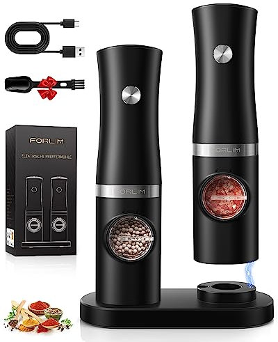 FORLIM Set Macina Sale e Pepe Elettrico, con base ricaricabile USB, macinapepe in acciaio inox con granulosità regolabile, macina sale con luce LED, con pulsanti galvanizzati(Nero)