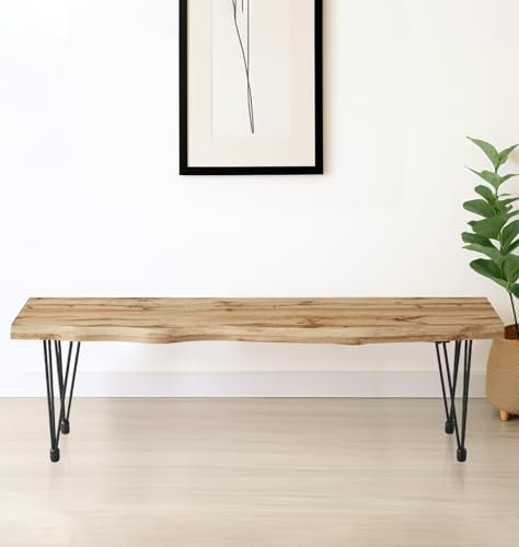 Hallowood Furniture Cullompton Dining Bench with Live Edge Effect Wooden Top with Black Hairpin Steel Legs, Modern Industrial Style Kitchen Bench for Home Dining Room, Living Space or Café (150cm)
