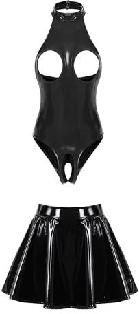 FEESHOW Damen Wetlook Catsuit Ouvert Brustfreier Body Lackleder Rock Set Reizwäsche Offener Schritt Brüste Erotische Wäsche Schwarz S