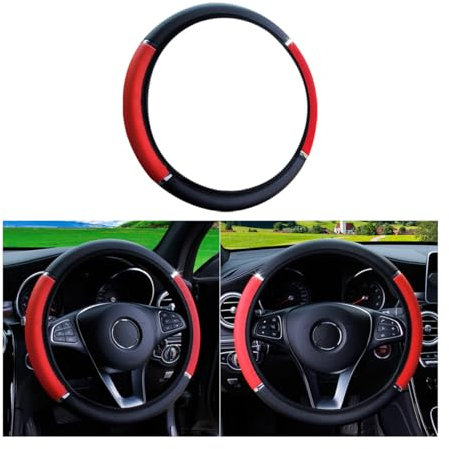 Adunsiaoto Car Steering Wheel Protective Cover, Car Steering Wheel Cover - Soft Microfiber Steering Wheel Cover Universal Size 38 CM, Anti-Slip, Breathable, Elastic Breathable Odorless(Black Red)